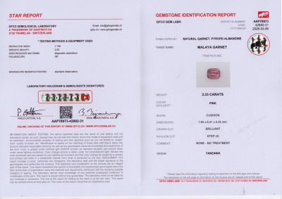 Сертификат Гранат Малайя в огранке кушон 2,33 карат, Танзания 