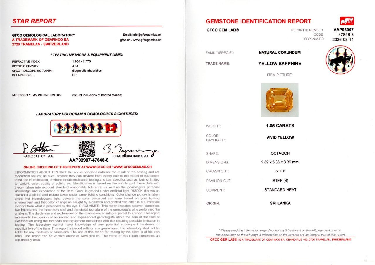 Ярко-желтый сапфир в огранке октагон 1,05 карат, Шри-Ланка Изображение №5