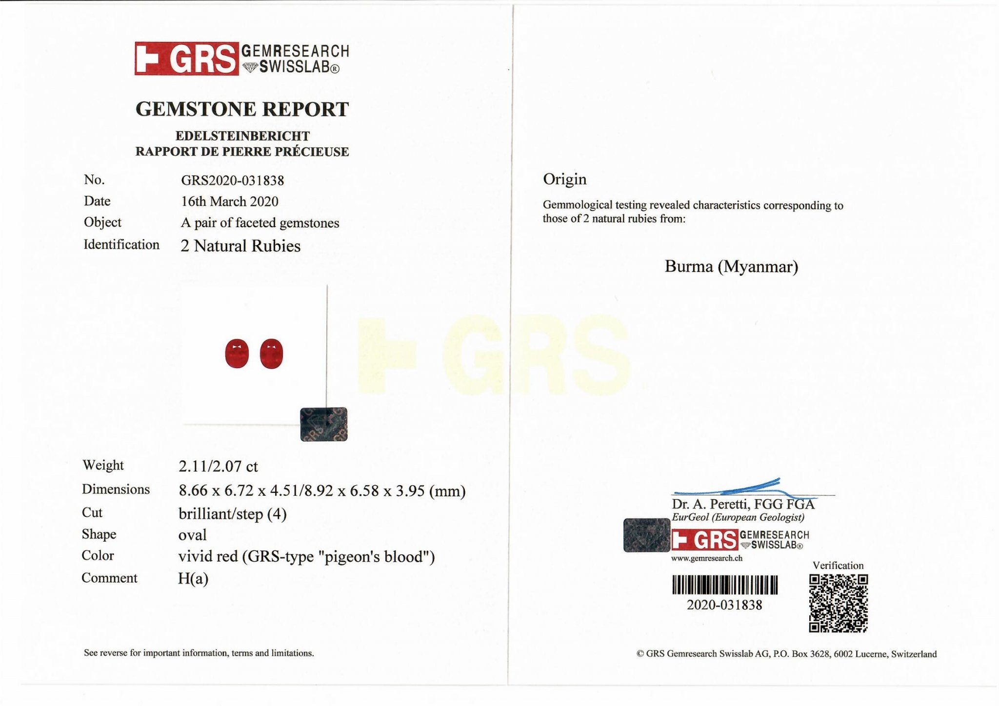 Пара бирманских рубинов голубиная кровь 4,18 карата, GRS Изображение №5