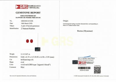 Сертификат Пара бирманских рубинов голубиная кровь 4,18 карата, GRS