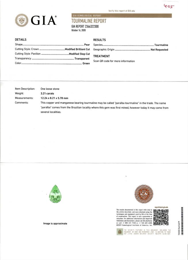 Сертификат Зеленая Параиба в огранке груша 3,21 карата, GIA
