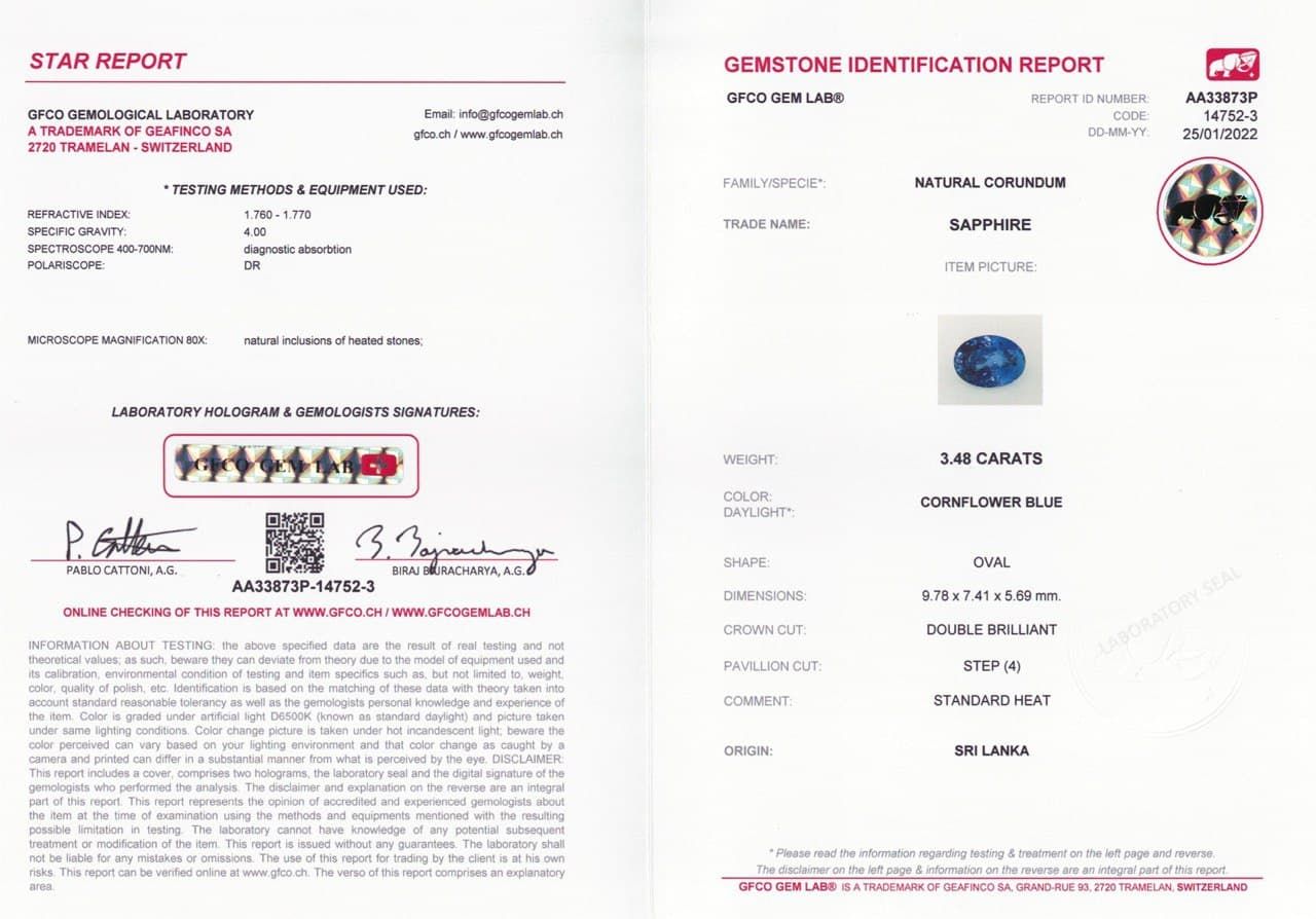 Сертификат Сапфир цвета Cornflower в огранке овал 3,48 карата, Шри-Ланка