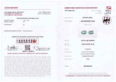 Сертификат Пара насыщенных голубых аквамаринов цвета "Санта-Мария" в огранке кушон 9,69 карата