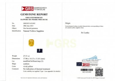 Сертификат Необлагороженный крупный желтый сапфир в огранке кушон 27,51 карата, Шри-Ланка