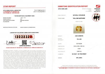 Сертификат Негретый желтый сапфир в огранке октагон 4,93 карата, Шри-Ланка