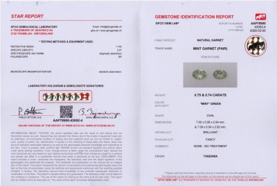Сертификат Пара гранатов гроссуляр  в огранке овал 1.49 карат, Танзания