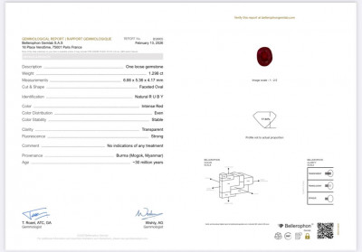 Сертификат Негретый рубин Intense Red в огранке овал 1,30 карат, Бирма (Mogok)