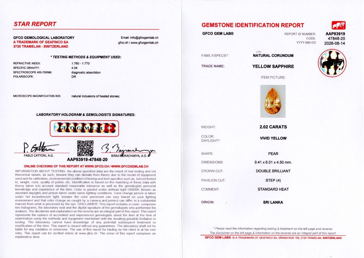 Ярко-желтый сапфир в огранке груша 2,02  карат, Шри-Ланка Изображение №6