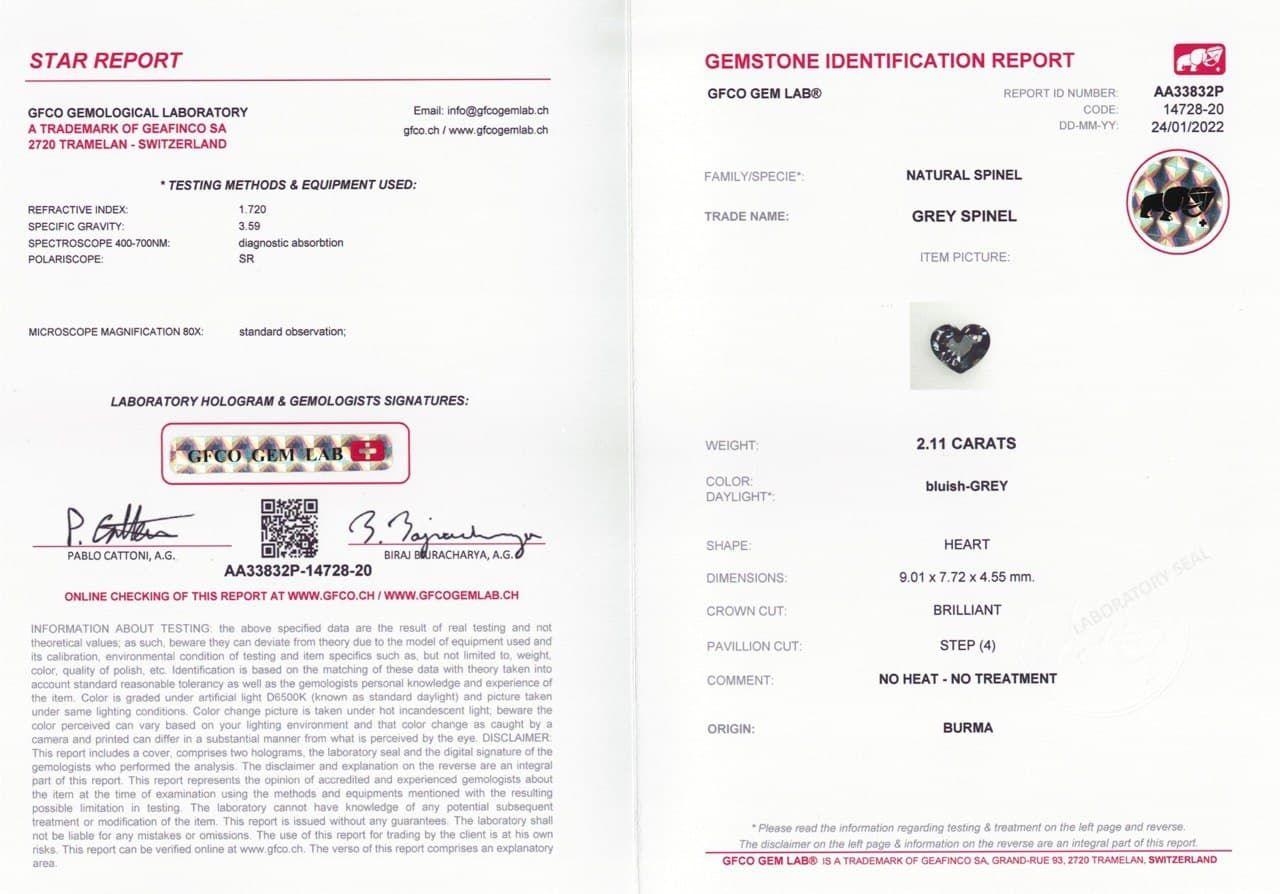 Сертификат Бирманская стальная шпинель в огранке сердце 2,11 карат