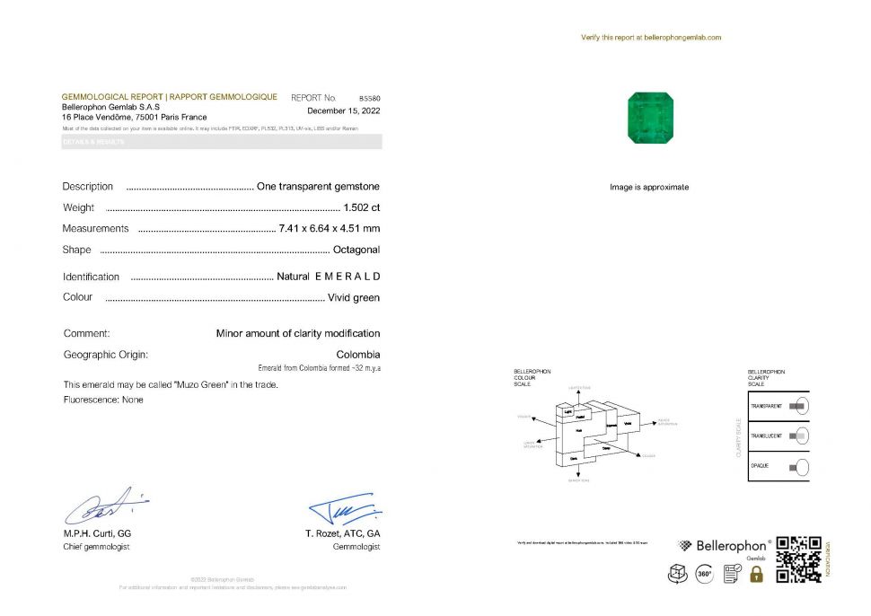 Сертификат Насыщенный изумруд Muzo Green 1,50 карат, Колумбия