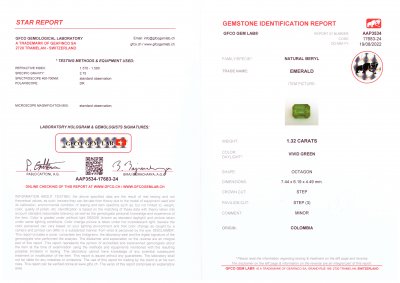 Сертификат Колумбийский изумруд Vivid Green 1,32 карата