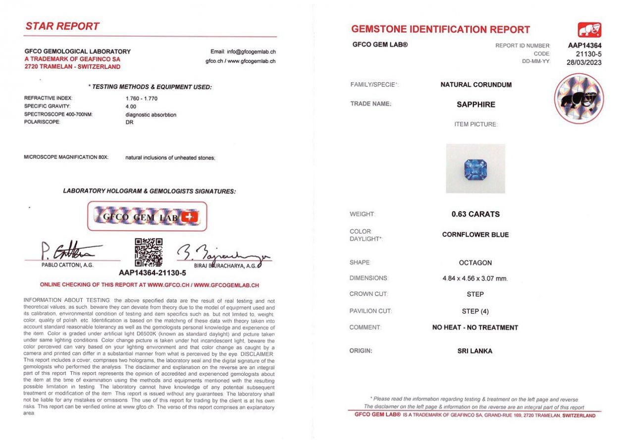 Сертификат Необлагороженный голубой сапфир в огранке октагон 0,63 карат, Шри-Ланка