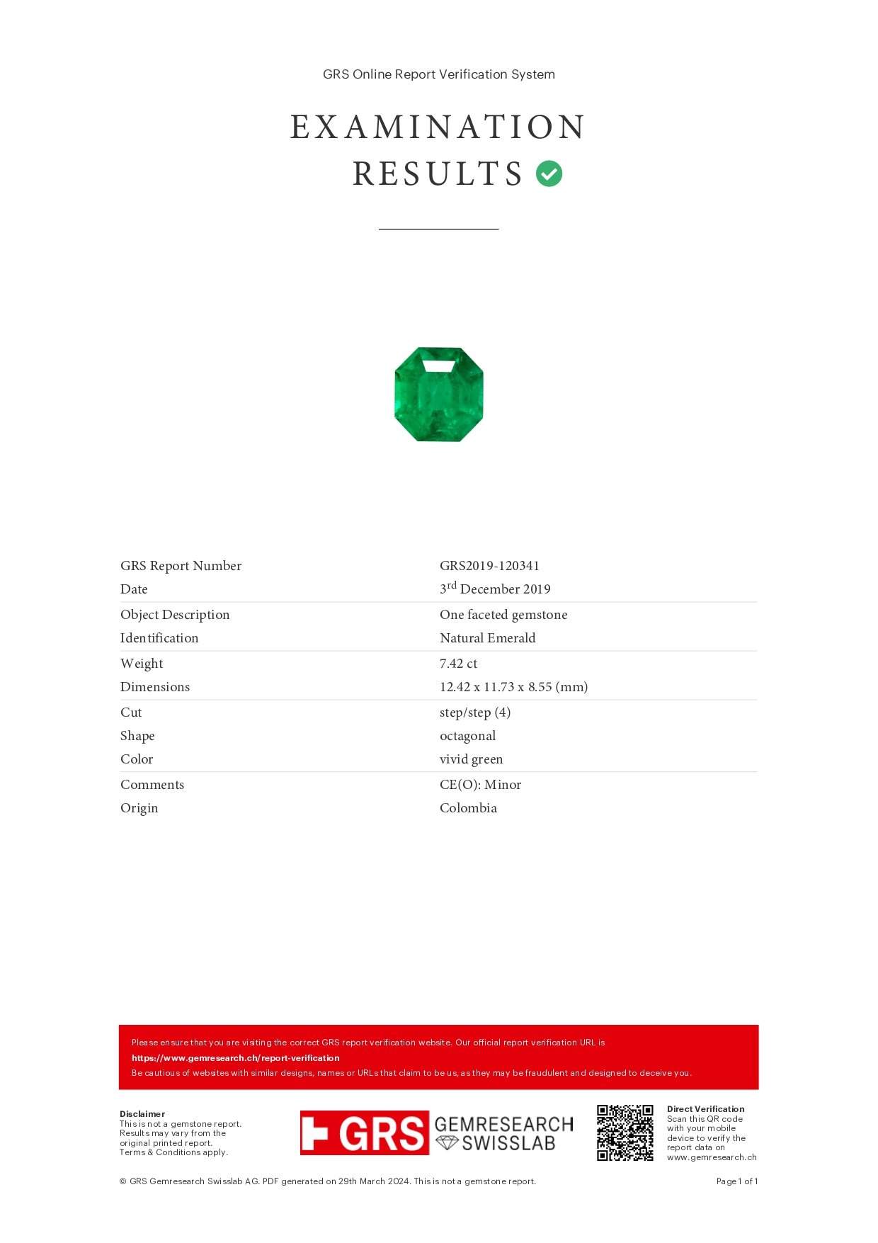 Колумбийский изумруд цвета Vivid Green в огранке октагон 7,42 карат Изображение №6