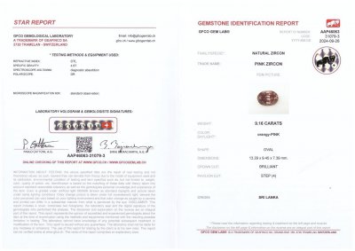 Сертификат Редкий розовый циркон в огранке овал 9,16 карат, Шри-Ланка