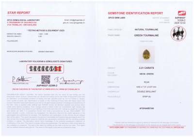 Сертификат Желто-зеленый турмалин в огранке груша 2,31 карата, Афганистан