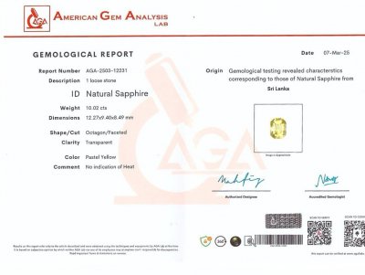 Сертификат Негретый желтый сапфир в огранке радиант 10,02 карат, Шри-Ланка 