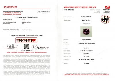 Сертификат Пурпурная шпинель в огранке кушон 7,08 карат, Бирма