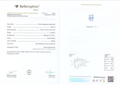 Сертификат Шпинель в огранке кушон 5,84 карат, Бирма 