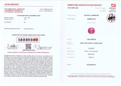 Сертификат Турмалин рубеллит неоново-розовый в огранке кушон 7,98 карат, Афганистан