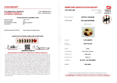 Сертификат Негретый сапфир Vivid Yellow в огранке овал 1,57 карат, Шри-Ланка