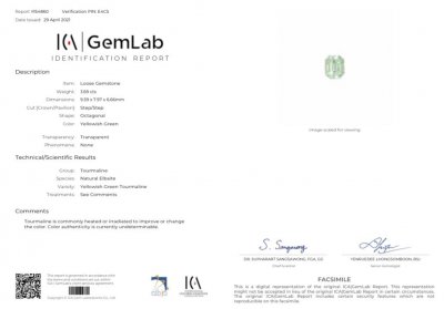 Сертификат Природный зеленовато-голубой турмалин в огранке октагон 3,70 карата