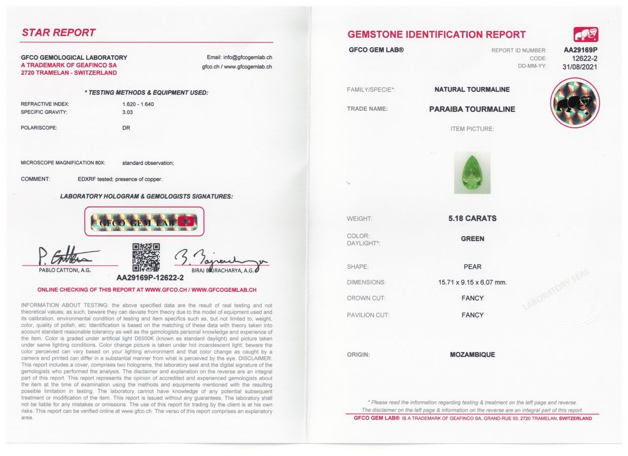 Сертификат Зеленый турмалин Параиба в огранке груша 5,18 карат