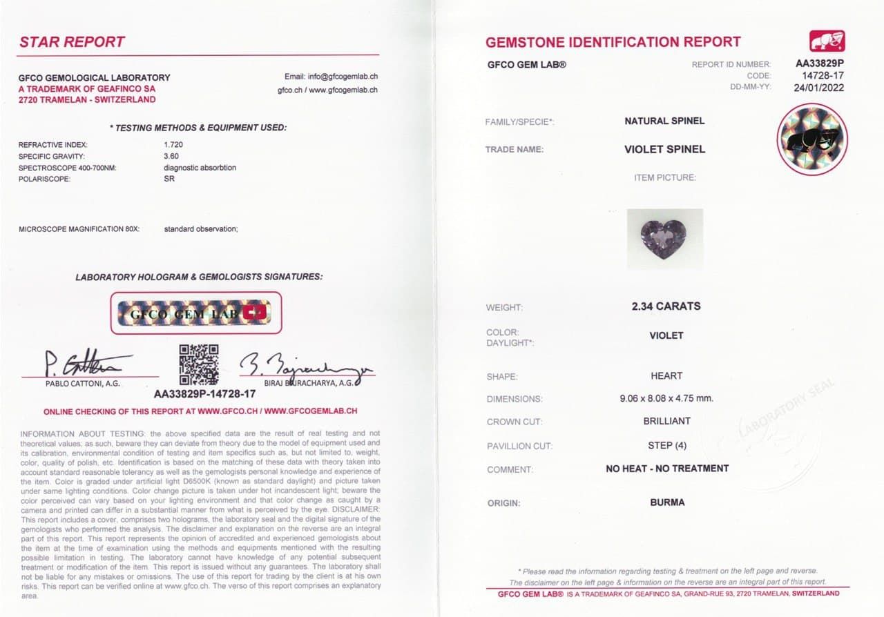 Сертификат Шпинель серовато-фиолетового цвета в огранке сердце 2,34 карата, Бирма