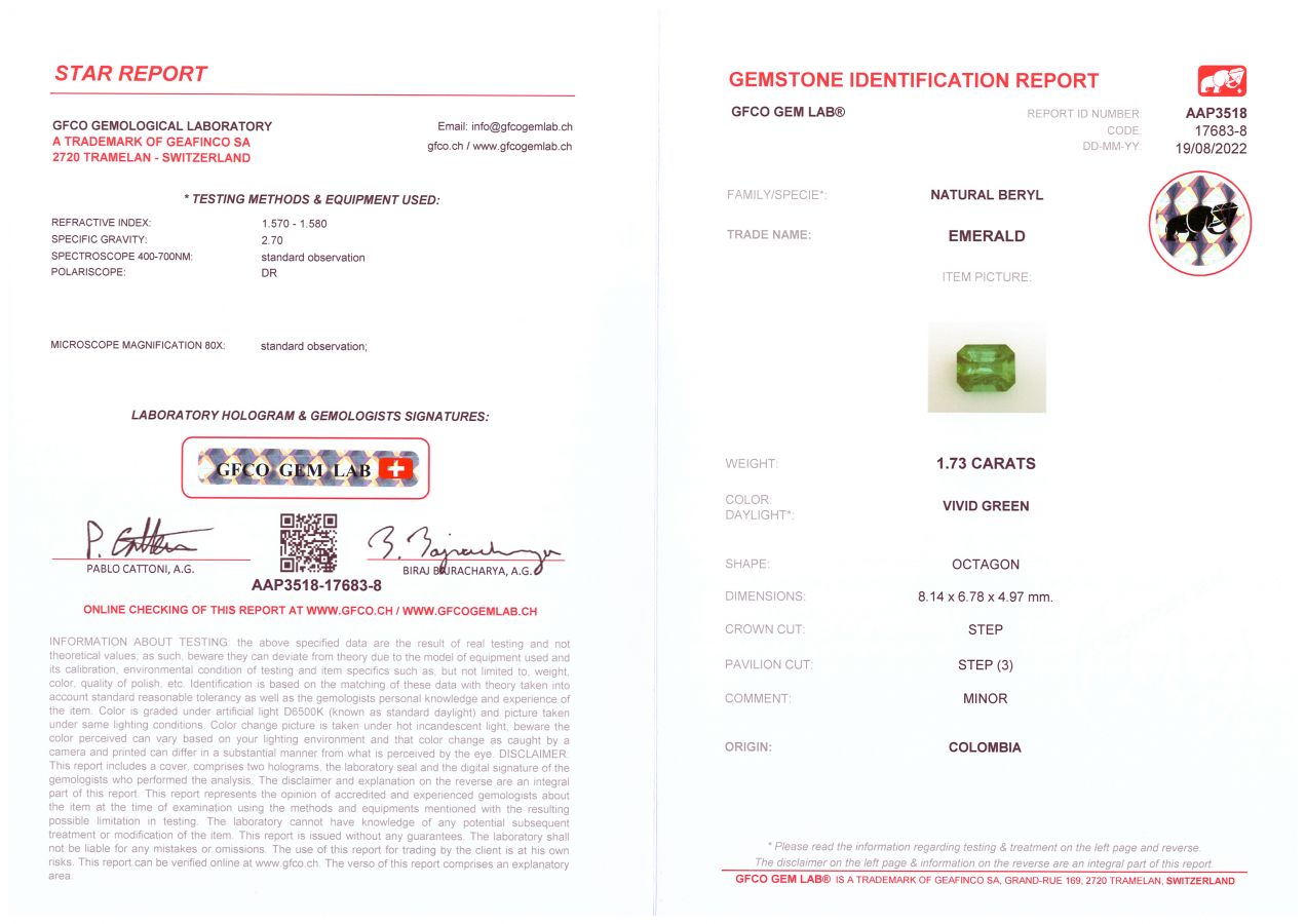 Сертификат Насыщенный изумруд 1,73 карата, Колумбия