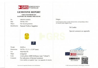 Сертификат Уникальный негретый желтый сапфир в огранке октагон 28,09 карата, Шри-Ланка
