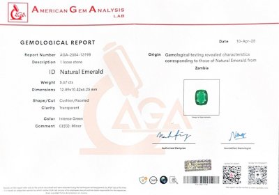 Сертификат Изумруд  Intense Green в огранке кушон 5,67 карата, Замбия