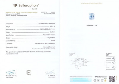 Сертификат Шпинель в огранке кушон 4,24 карат, Бирма 