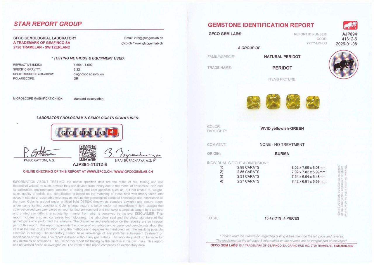 Комплект из ярких желто-зеленых перидотов в огранке кушон 10,42 карат, Бирма Изображение №6
