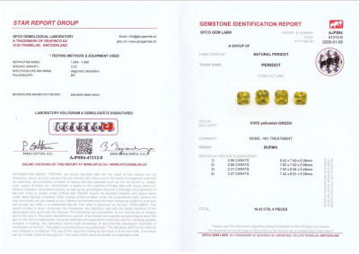 Сертификат Комплект из ярких желто-зеленых перидотов в огранке кушон 10,42 карат, Бирма