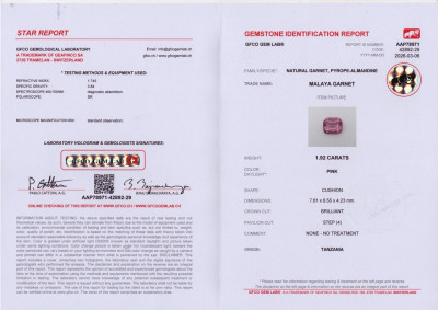 Сертификат Гранат Малайя в огранке кушон 1,92 карат, Танзания 