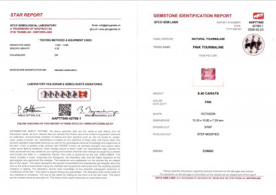 Сертификат Розовый турмалин в огранке радиант 8,40 карат, Конго 