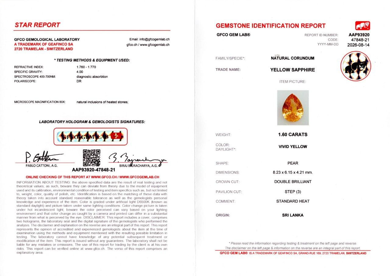 Ярко-желтый сапфир в огранке груша 1,60 карат, Шри-Ланка Изображение №6