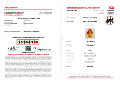 Сертификат Ярко-желтый сапфир в огранке груша 1,60 карат, Шри-Ланка