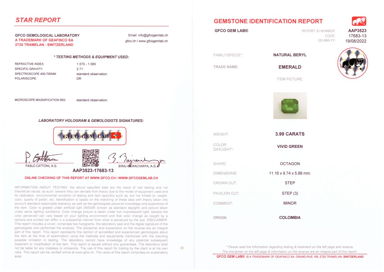 Сертификат Яркий насыщенный изумруд из Колумбии 3,99 карат, GRS