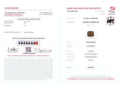 Сертификат Хром турмалин в огранке кушон 4,08 карата, Пакистан 