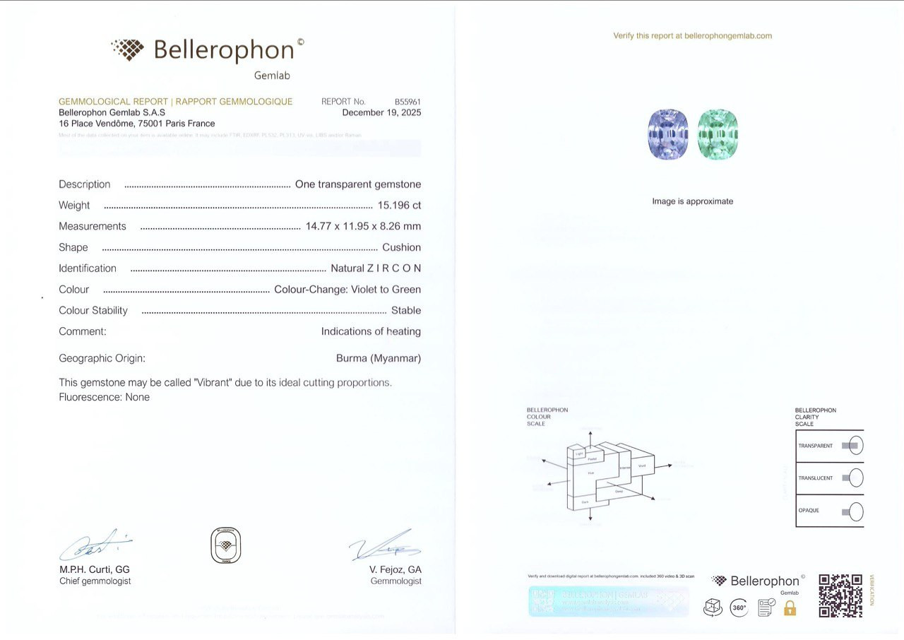Циркон со сменой цвета от фиолетового к зеленому в огранке кушон 15,20 карат, Бирма Изображение №14
