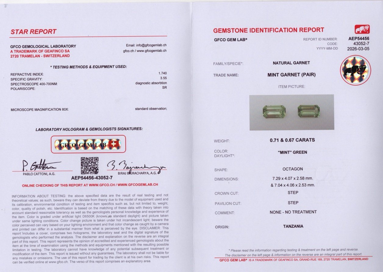 Пара мятно-зеленых гранат гроссуляр в огранке октагон 1,38 карат, Танзания Изображение №5