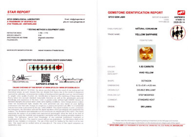 Сертификат Ярко-желтый сапфир в огранке радиант 1,53 карат, Шри-Ланка