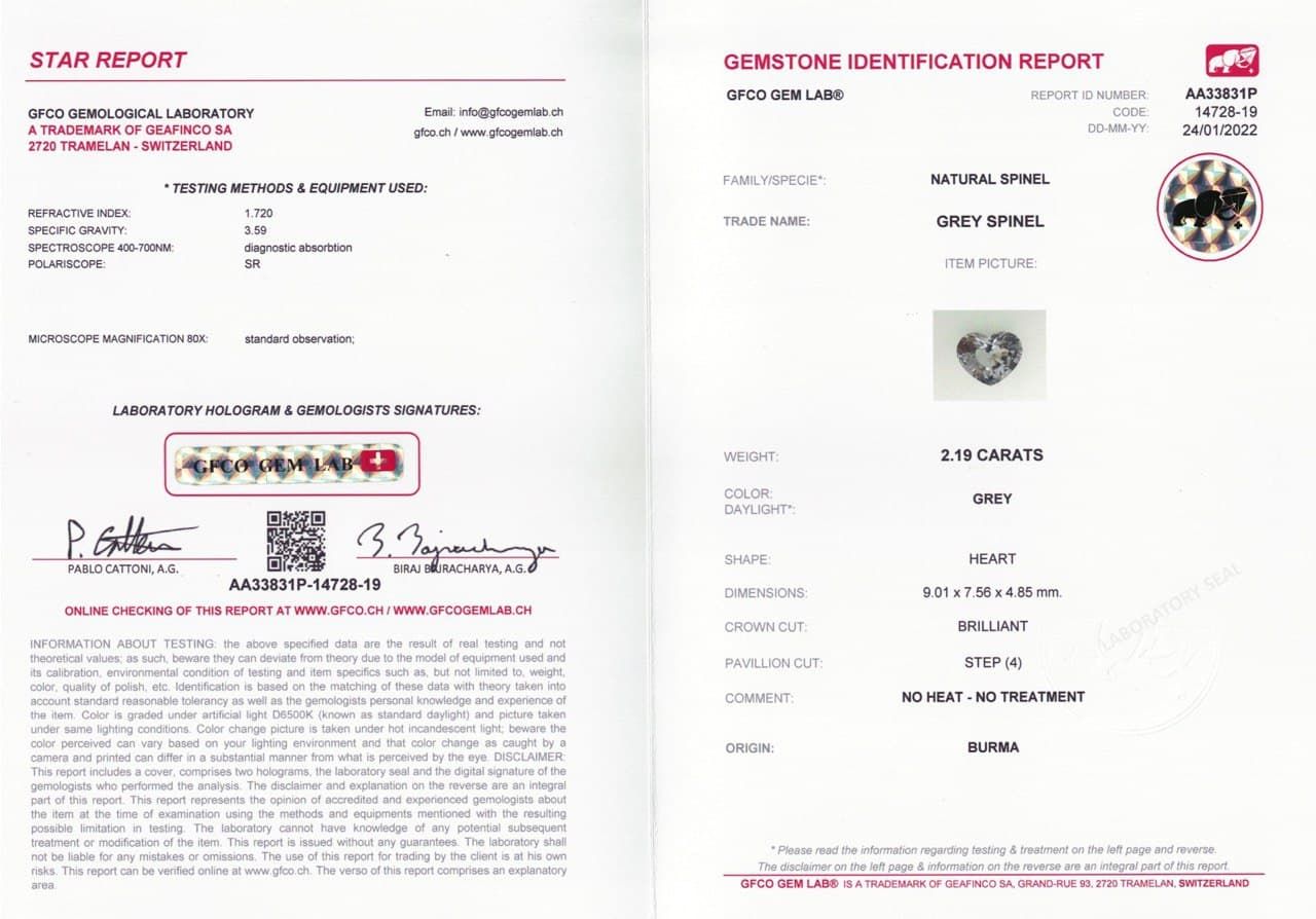 Сертификат Светло-серая шпинель в огранке сердце 2,19 карат, Бирма