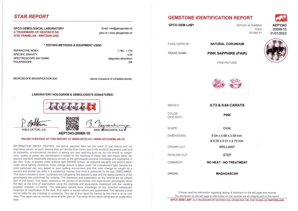 Сертификат Пара негретых розовых сапфиров в огранке овал 1,37 карат