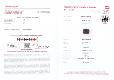 Сертификат Синяя шпинель в огранке кушон 5,90 карата, Танзания