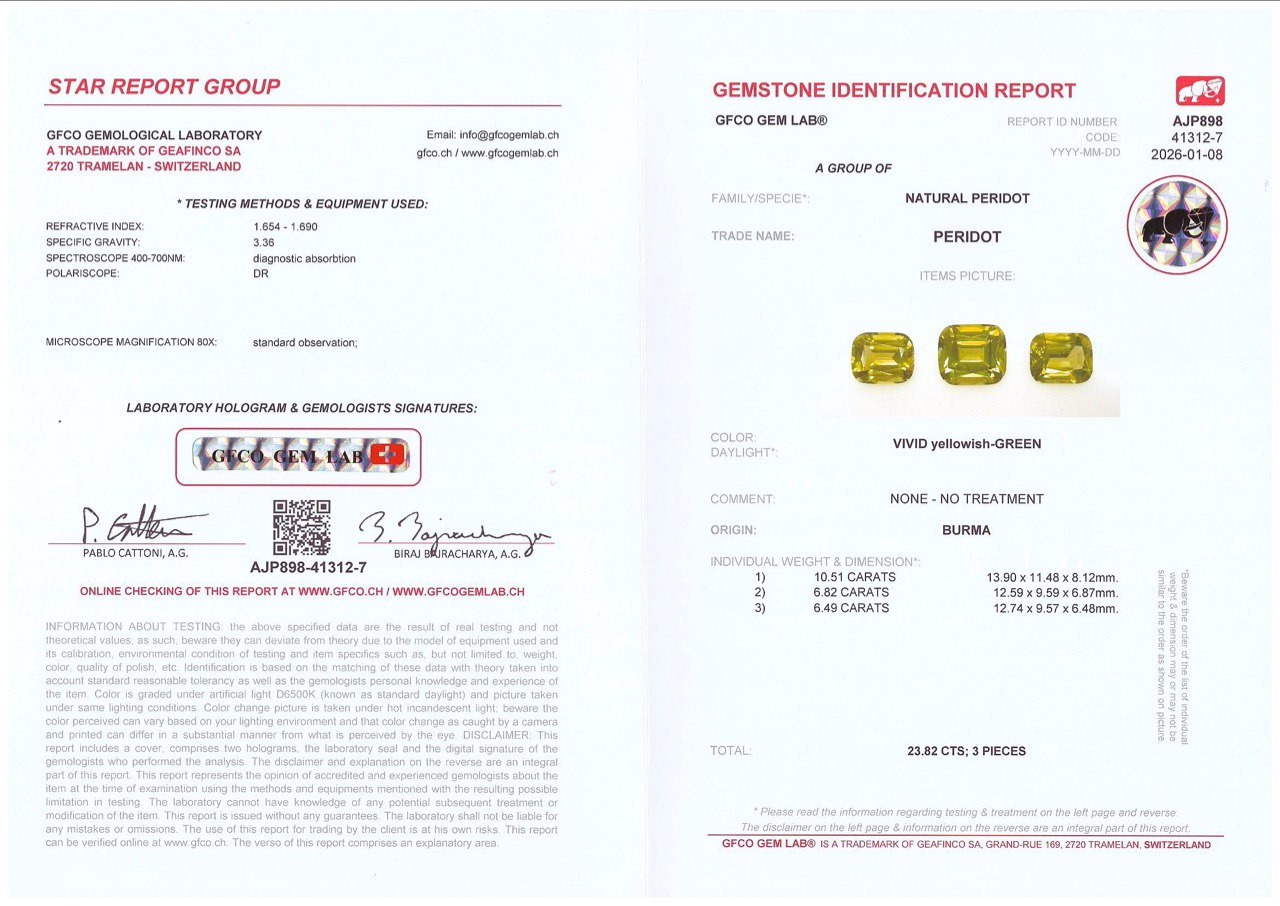 Сет из ярких желто-зеленых  перидотов в огранке кушон 23,82 карат, Бирма Изображение №6