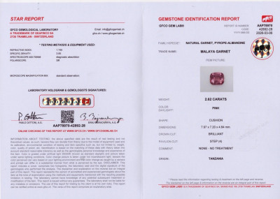 Сертификат Гранат Малайя в огранке кушон 2,62 карата, Танзания 