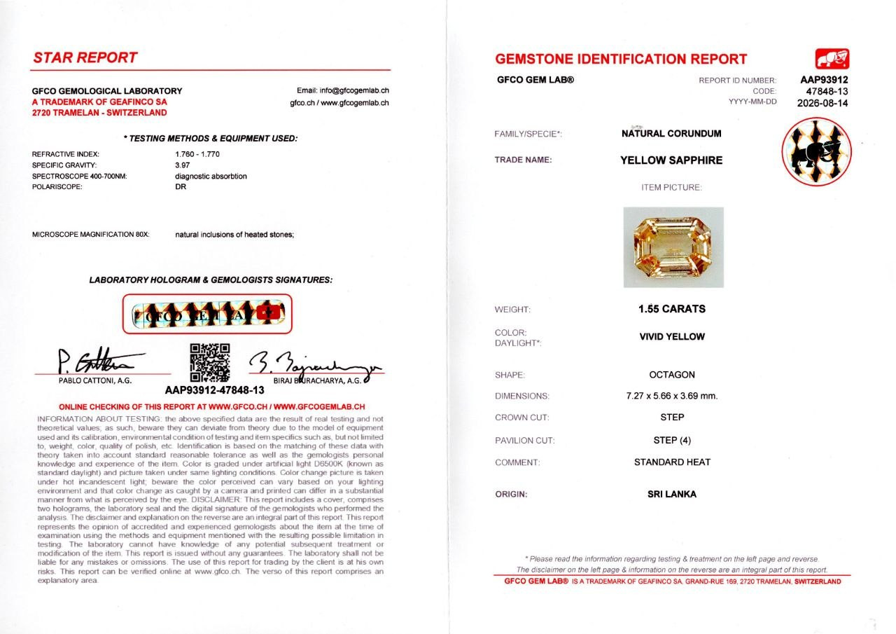 Ярко-желтый сапфир в огранке октагон 1,55 карат, Шри-Ланка Изображение №6