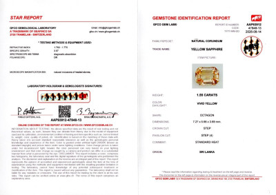 Сертификат Ярко-желтый сапфир в огранке октагон 1,55 карат, Шри-Ланка