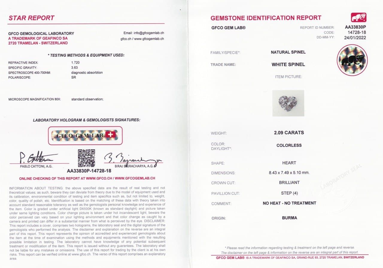 Сертификат Сиренево-стальная шпинель в огранке сердце 2,09 карата, Бирма